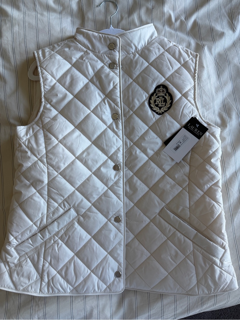 Lauren Ralph Lauren Cream Quilted Sleeveless Vest with Crest Patch